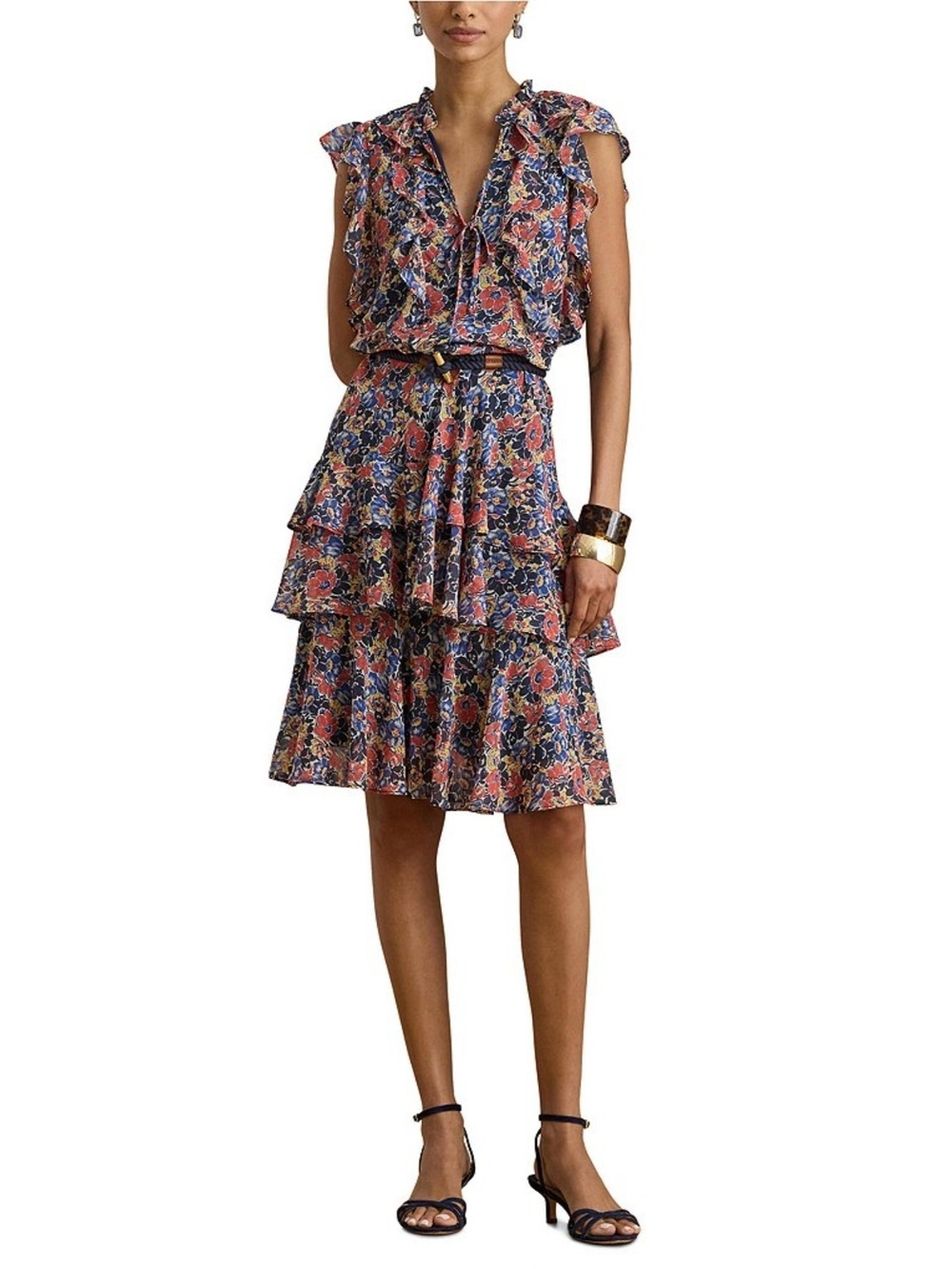 Lauren Ralph Lauren Floral Ruffle-Trim Georgette Dress Midi Lined Party Vacation